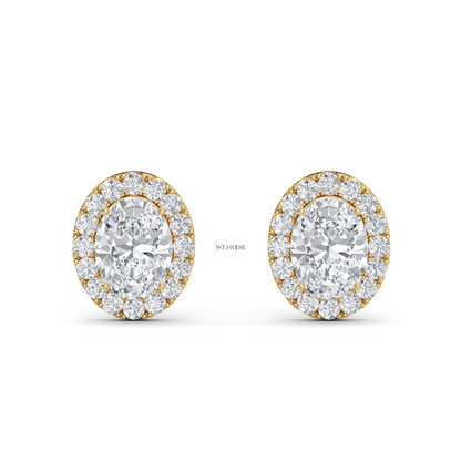 Oval Shape Halo Lab Grown Diamond Stud Earrings - halo of round brilliant lab diamonds, set in premium 14K  gold.
