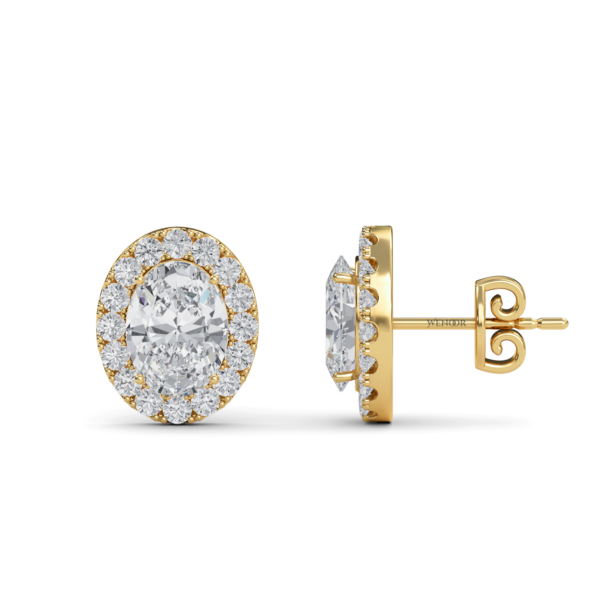 Oval Shape Halo Lab Grown Diamond Stud Earrings - Dazzling oval cut center diamond halo of round brilliant lab diamonds, set in premium 14K  gold.