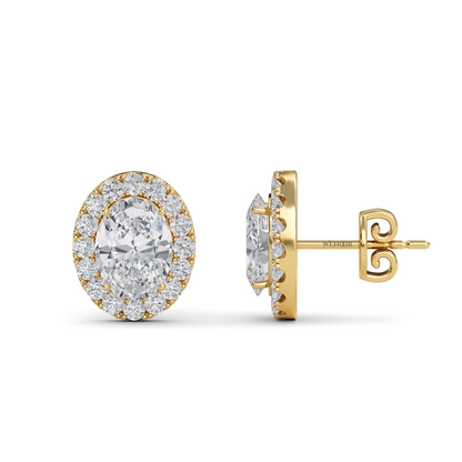 Oval Shape Halo Lab Grown Diamond Stud Earrings - Dazzling oval cut center diamond halo of round brilliant lab diamonds, set in premium 14K  gold.