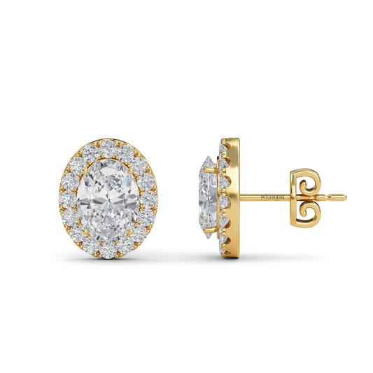 Oval Shape Halo Lab Grown Diamond Stud Earrings - Dazzling oval cut center diamond halo of round brilliant lab diamonds, set in premium 14K  gold.