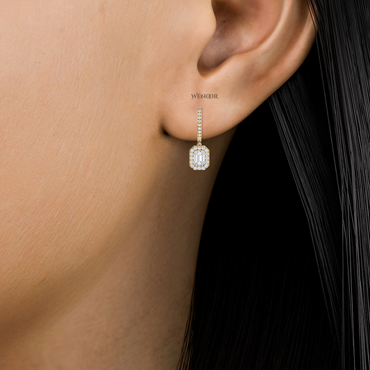 Luxury 18k Gold Dangle Drop Earrings with Emerald Cut Lab Diamond & Halo of Brilliant Stones