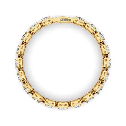 Yellow gold tennis bracelet featuring cushion  and round lab diamonds - luxurious bridal gift.