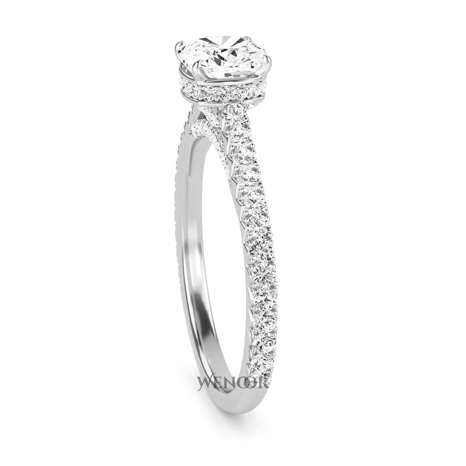 Unique Cushion Cut Engagement Diamond Ring  Hidden Halo style