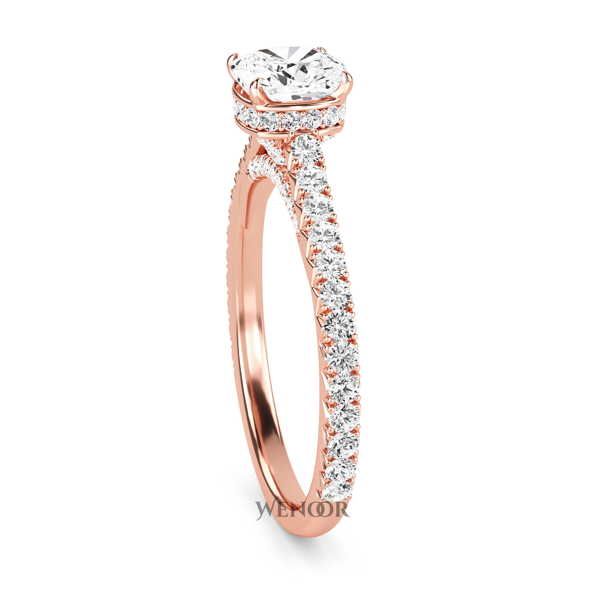 Unique Cushion Cut Engagement Diamond Ring  Hidden Halo style