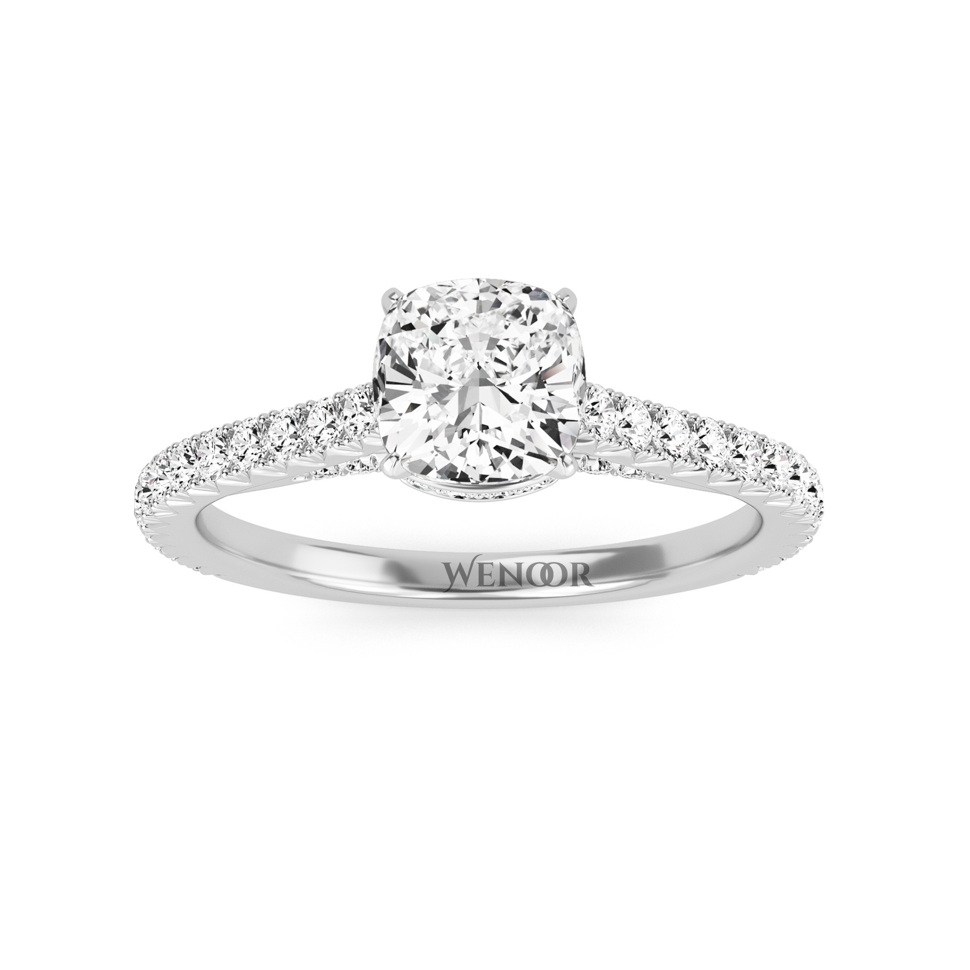Unique Cushion Cut Engagement Diamond Ring  Hidden Halo style