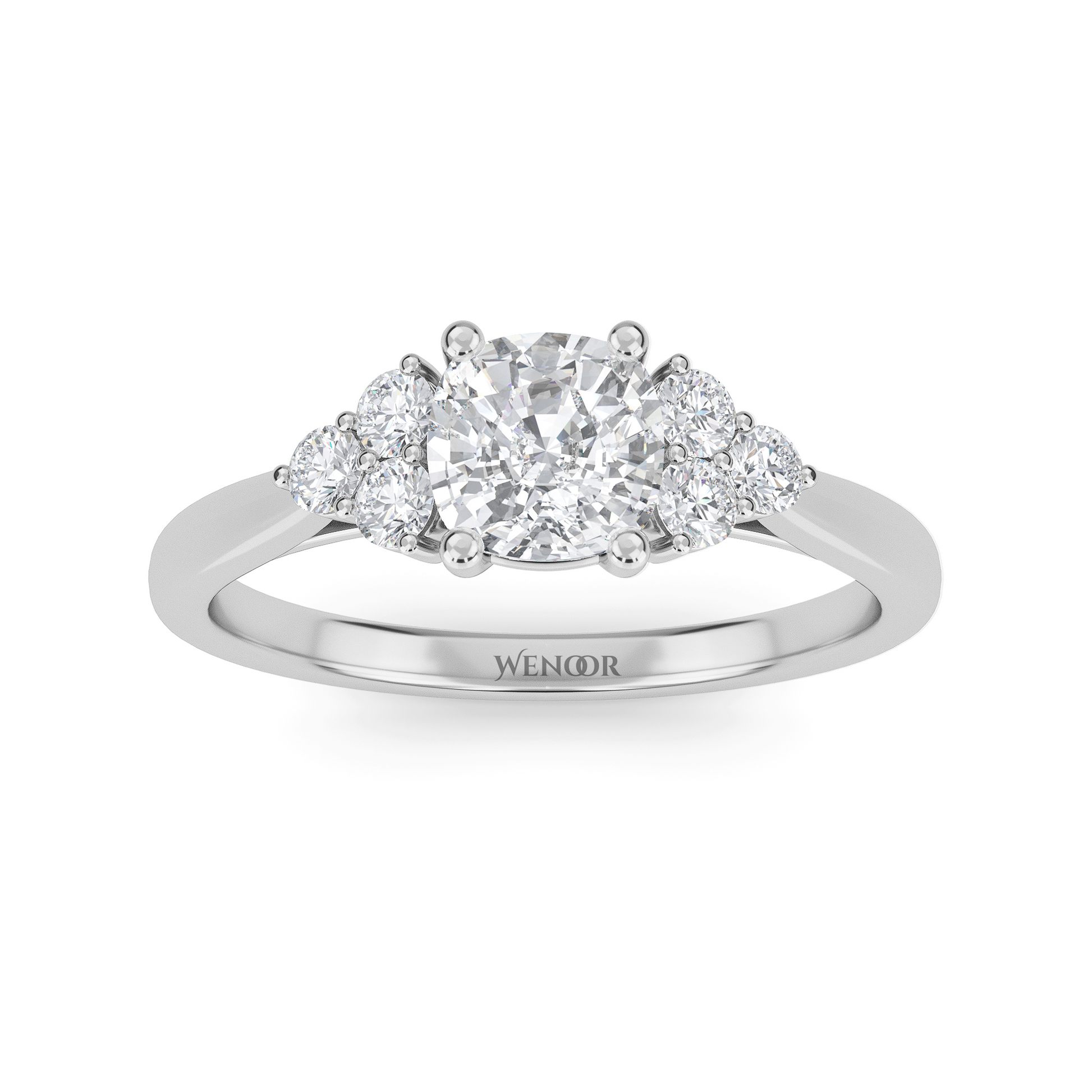 Angled shot of cushion cut lab-grown diamond’s chunky facet pattern and crushed ice sparkle
