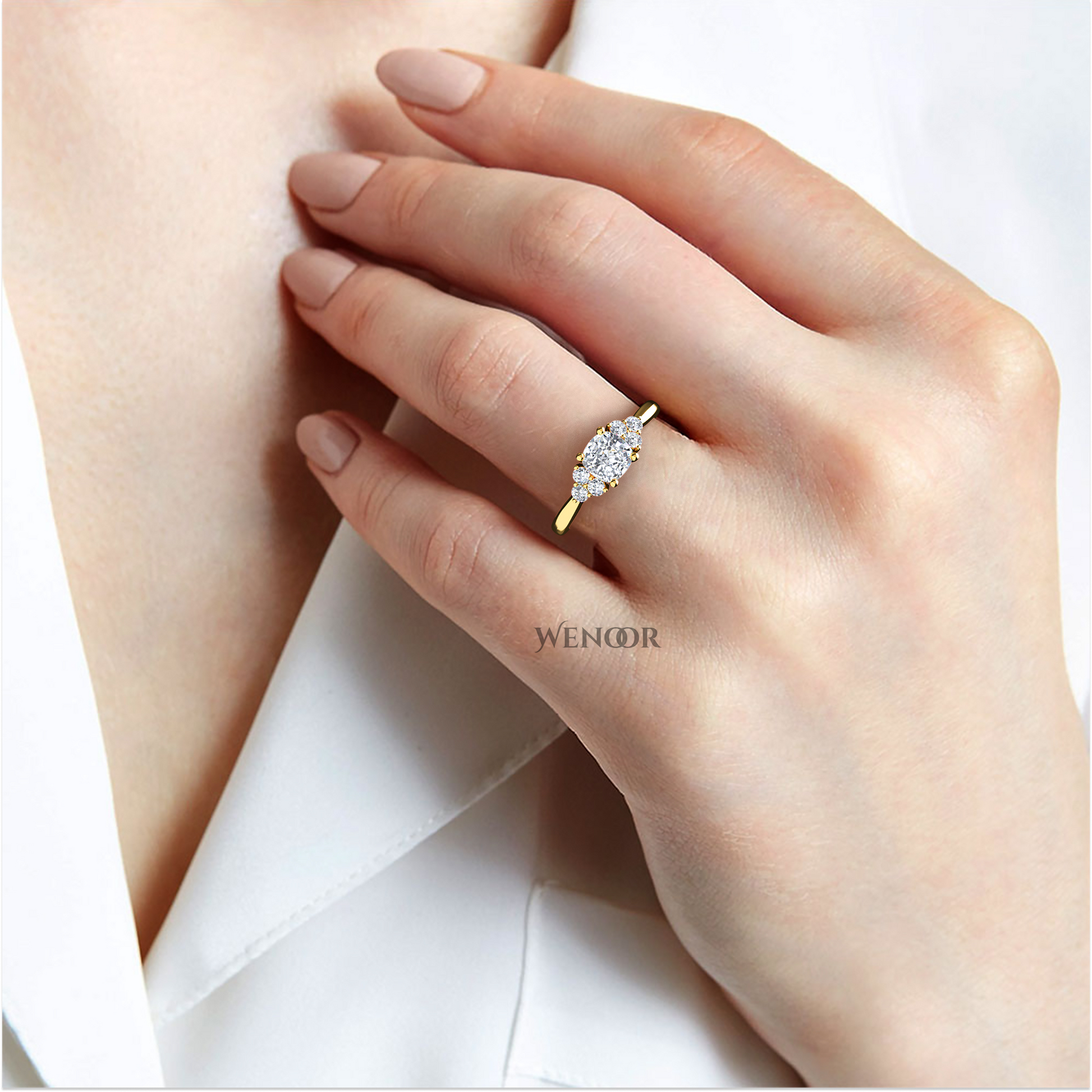 Cushion cut lab diamond ring displayed on velvet box, emphasizing ethical luxury
