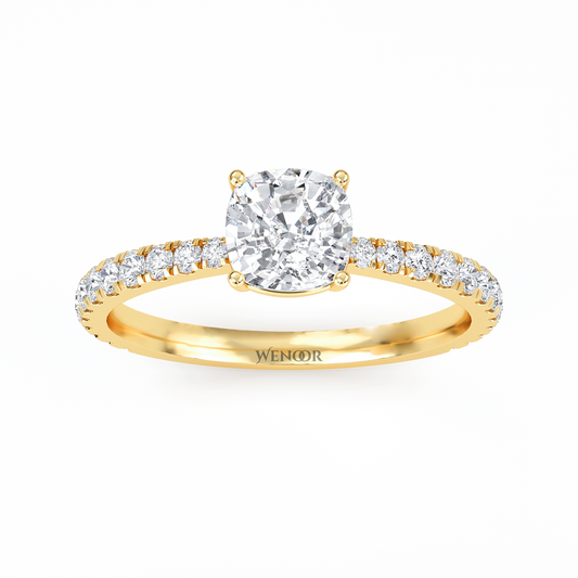 Woman Wearing Wenoor Cushion Cut Lab Diamond Engagement Ring  Ethical Gold Solitaire"