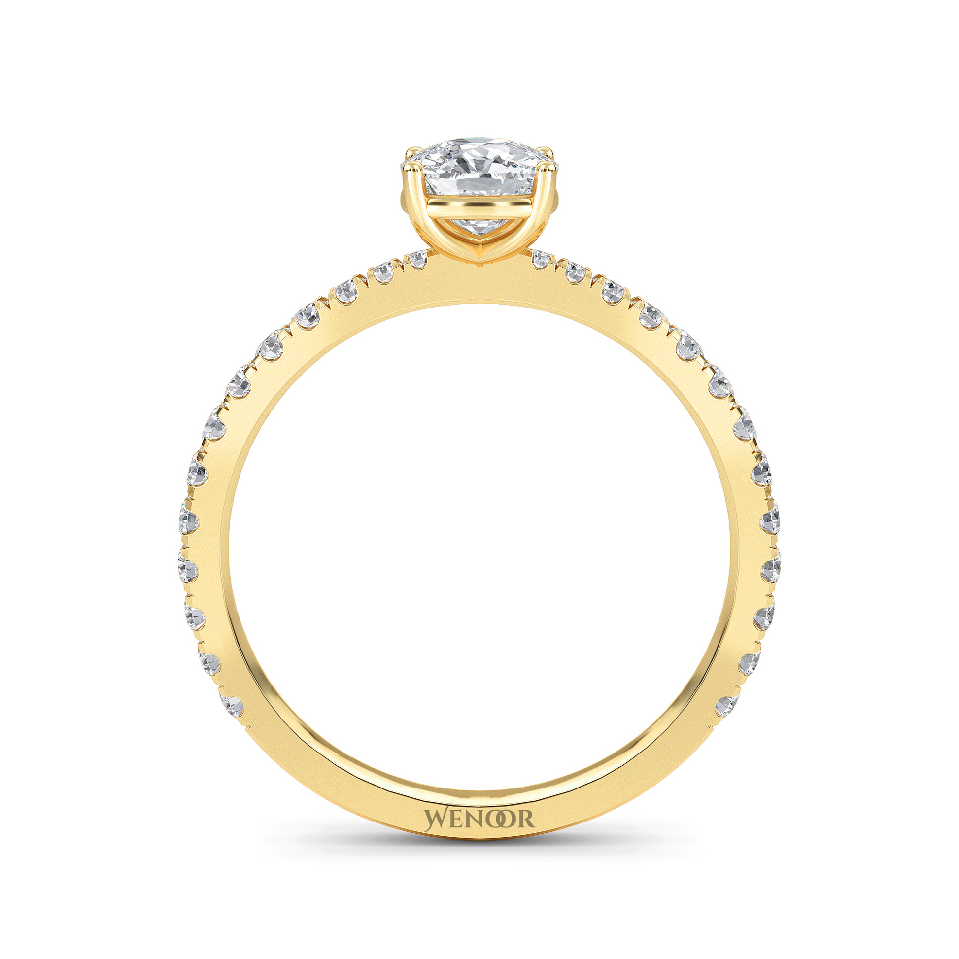 Woman Wearing Wenoor Cushion Cut Lab Diamond Engagement Ring  Ethical Gold Solitaire