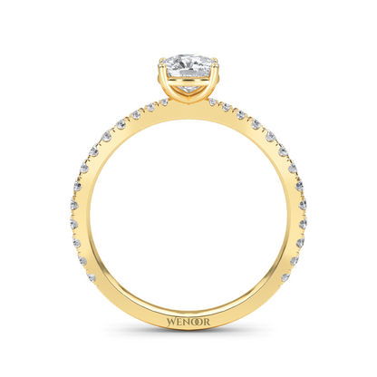 Woman Wearing Wenoor Cushion Cut Lab Diamond Engagement Ring  Ethical Gold Solitaire