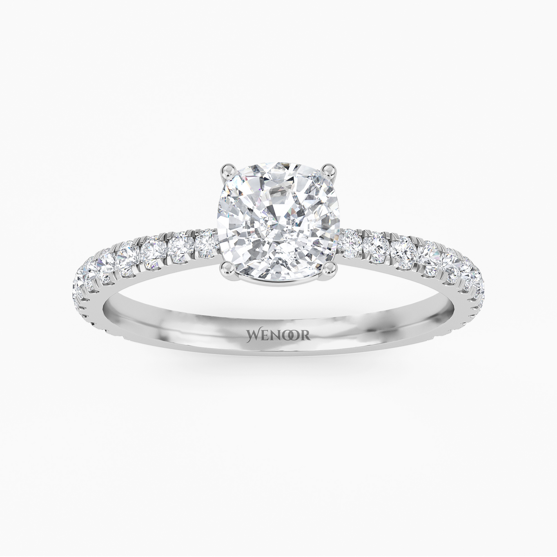 Woman Wearing Wenoor Cushion Cut Lab Diamond Engagement Ring  Ethical Gold Solitaire