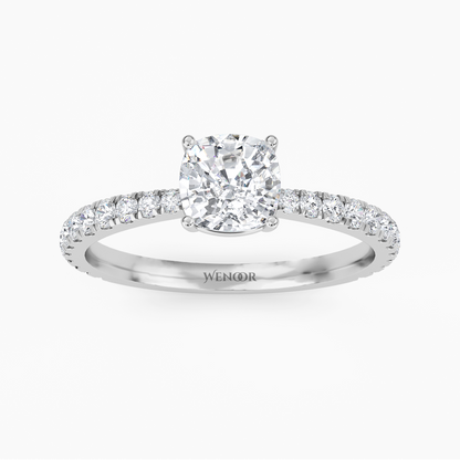 Woman Wearing Wenoor Cushion Cut Lab Diamond Engagement Ring  Ethical Gold Solitaire