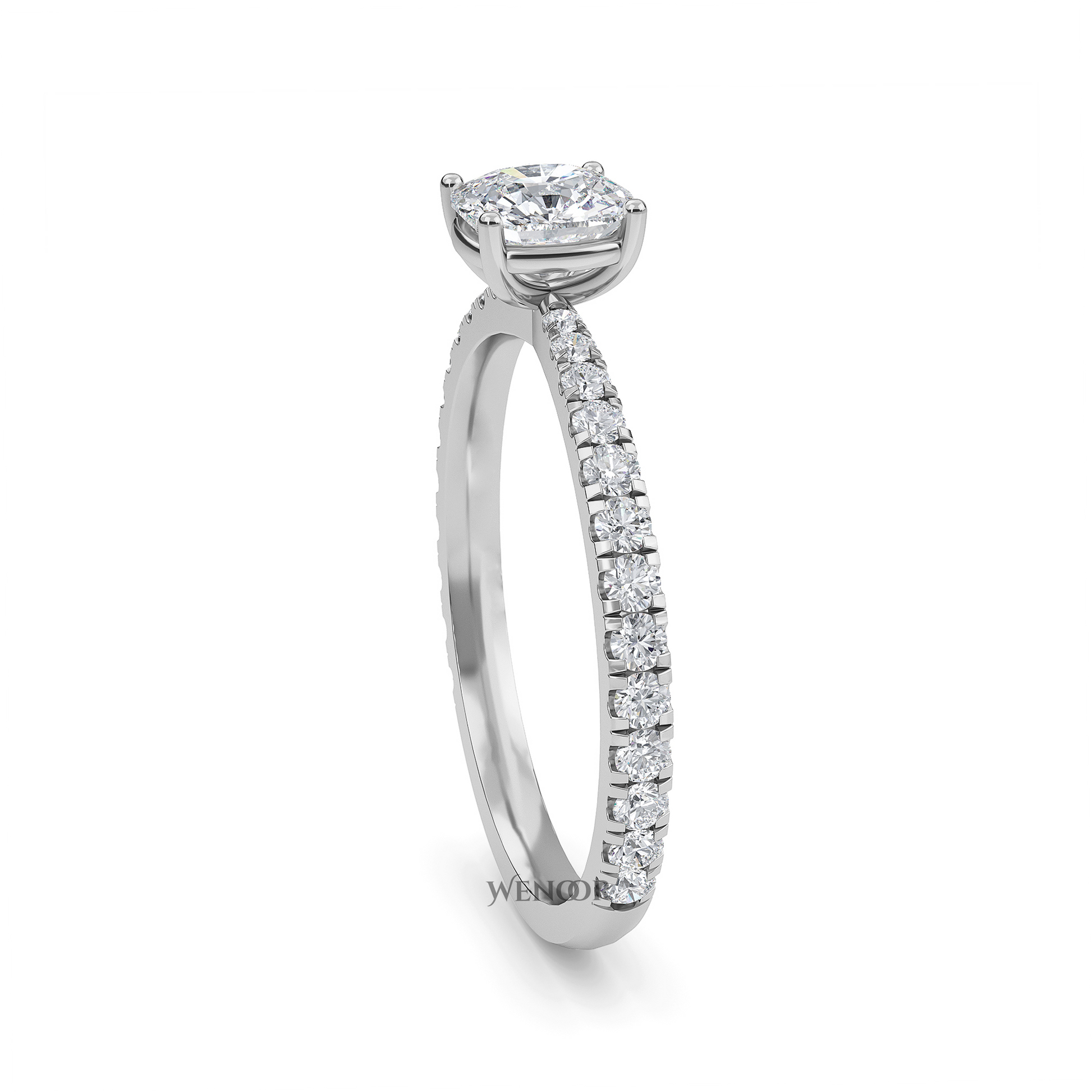 Woman Wearing Wenoor Cushion Cut Lab Diamond Engagement Ring  Ethical Gold Solitaire