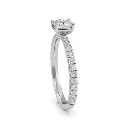 Woman Wearing Wenoor Cushion Cut Lab Diamond Engagement Ring  Ethical Gold Solitaire