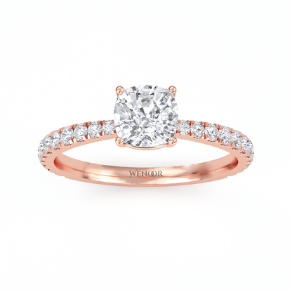 Woman Wearing Wenoor Cushion Cut Lab Diamond Engagement Ring  Ethical Gold Solitaire
