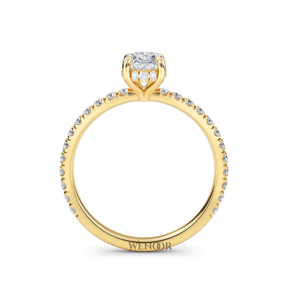 Elegant oval cut lab diamond engagement ring with a hidden halo setting, featuring sparkling accent stones.
