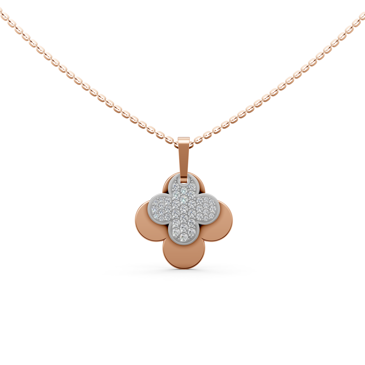 Hailee flower-shaped 4-leaf clover pendant necklace with pavé lab-grown diamonds in 14K/18K Rose gold