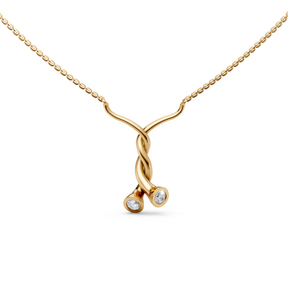Karen Twisted love symbol pendant necklace with two stone round solitaire brilliant cut bezel-set lab grown diamonds in 14K/18K Yellow gold
