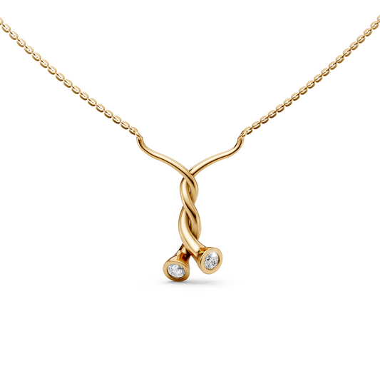 Karen Twisted love symbol pendant necklace with two stone round solitaire brilliant cut bezel-set lab grown diamonds in 14K/18K Yellow gold