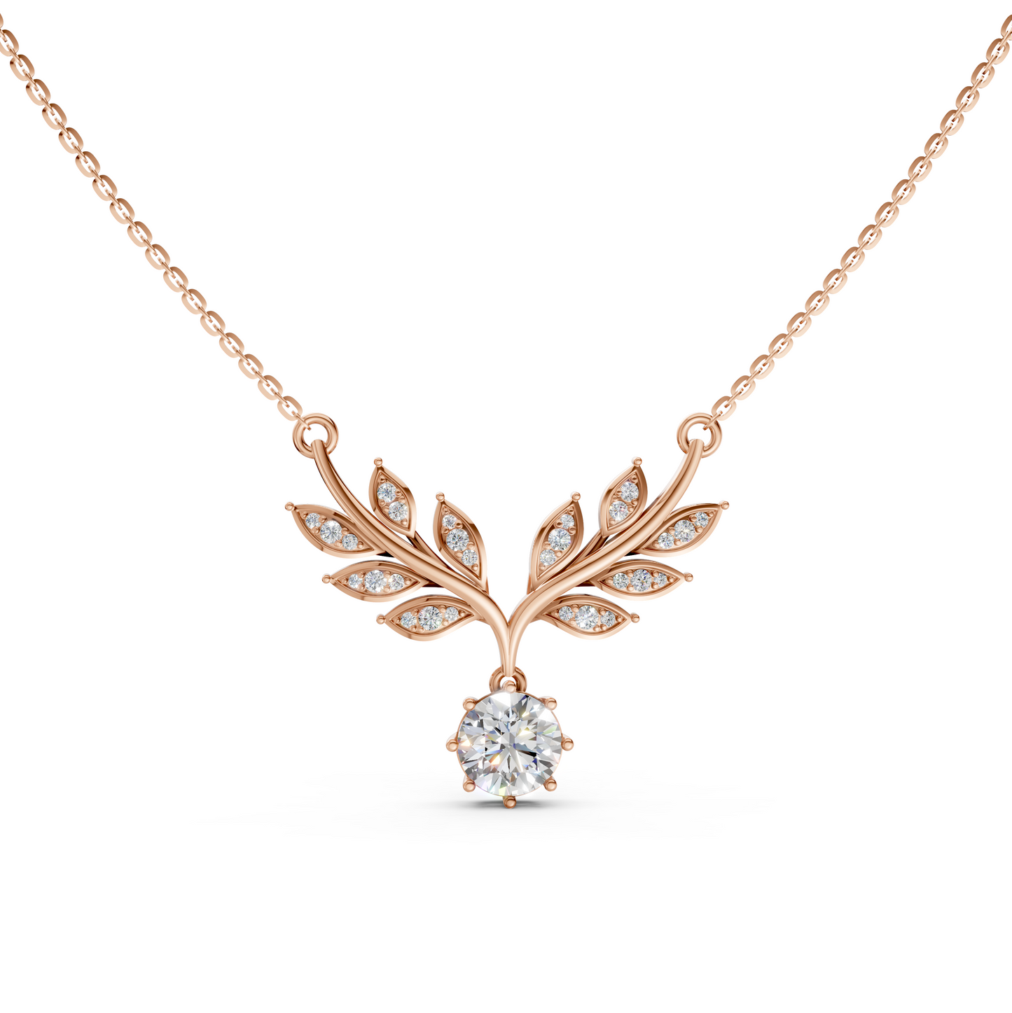 Leaf pendant necklace with solitaire brilliant round lab-grown diamond in 14K/18K Rose gold