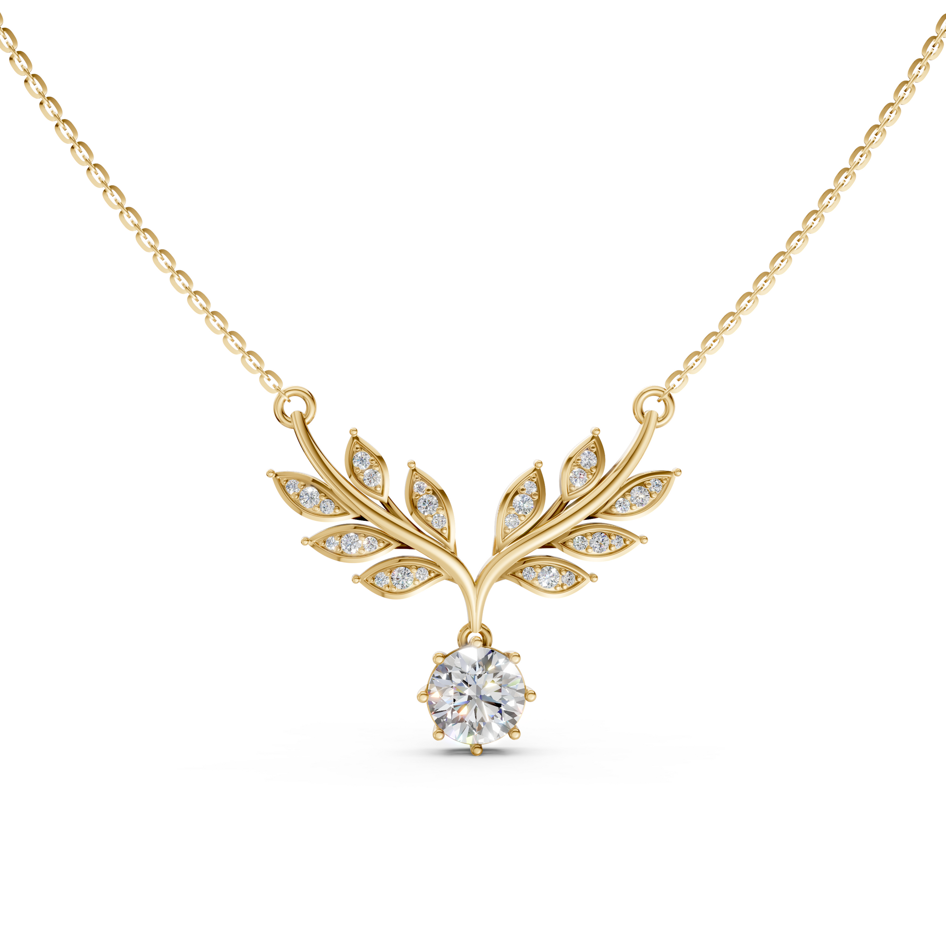 Leaf pendant necklace with solitaire brilliant round lab-grown diamond in 14K/18K Yellow gold