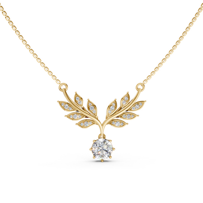 Leaf pendant necklace with solitaire brilliant round lab-grown diamond in 14K/18K Yellow gold
