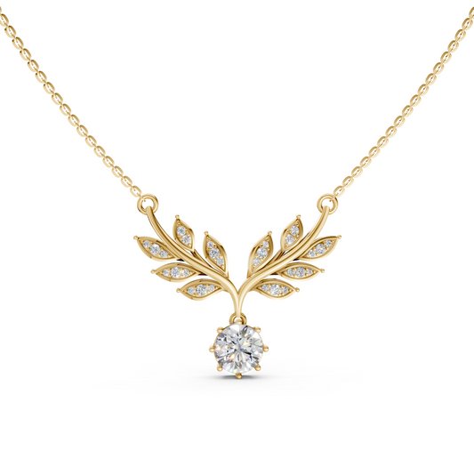 Leaf pendant necklace with solitaire brilliant round lab-grown diamond in 14K/18K Yellow gold