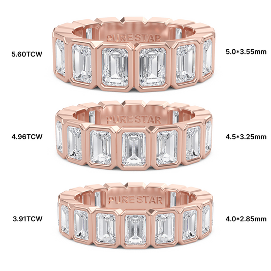 Maisie Emerald cut lab-grown diamond Rose Gold eternity band with a Bezel design - a sophisticated wedding ring for women by Wenoor