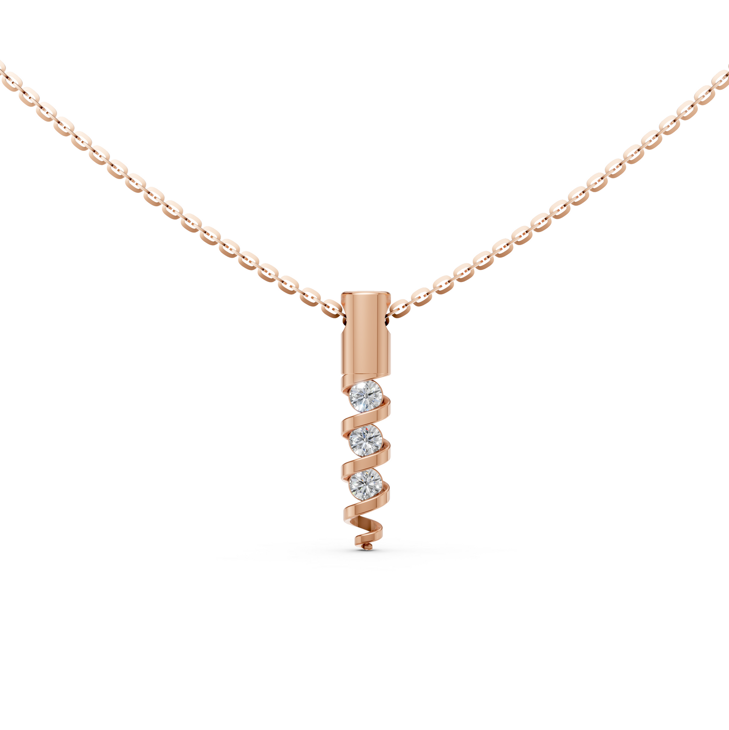 Nia Spiral charm 3-stone round brilliant cut diamond pendant necklace in 14K/18K solid Rose gold