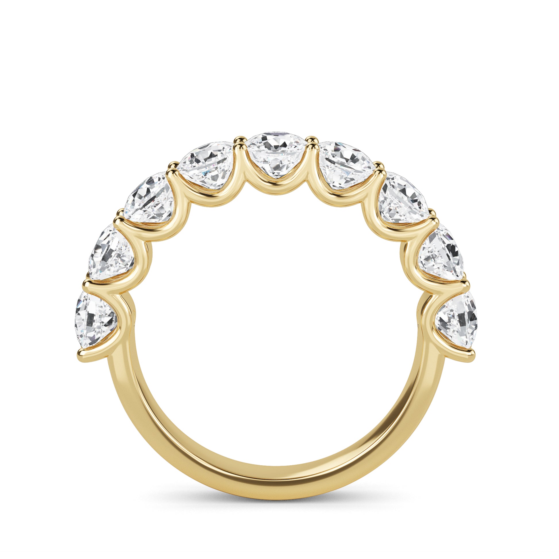 Noor Cushion cut lab grown diamond U Prong Eternity band Yellow Gold ring for women - elegant and sustainable jewelry by Wenoor