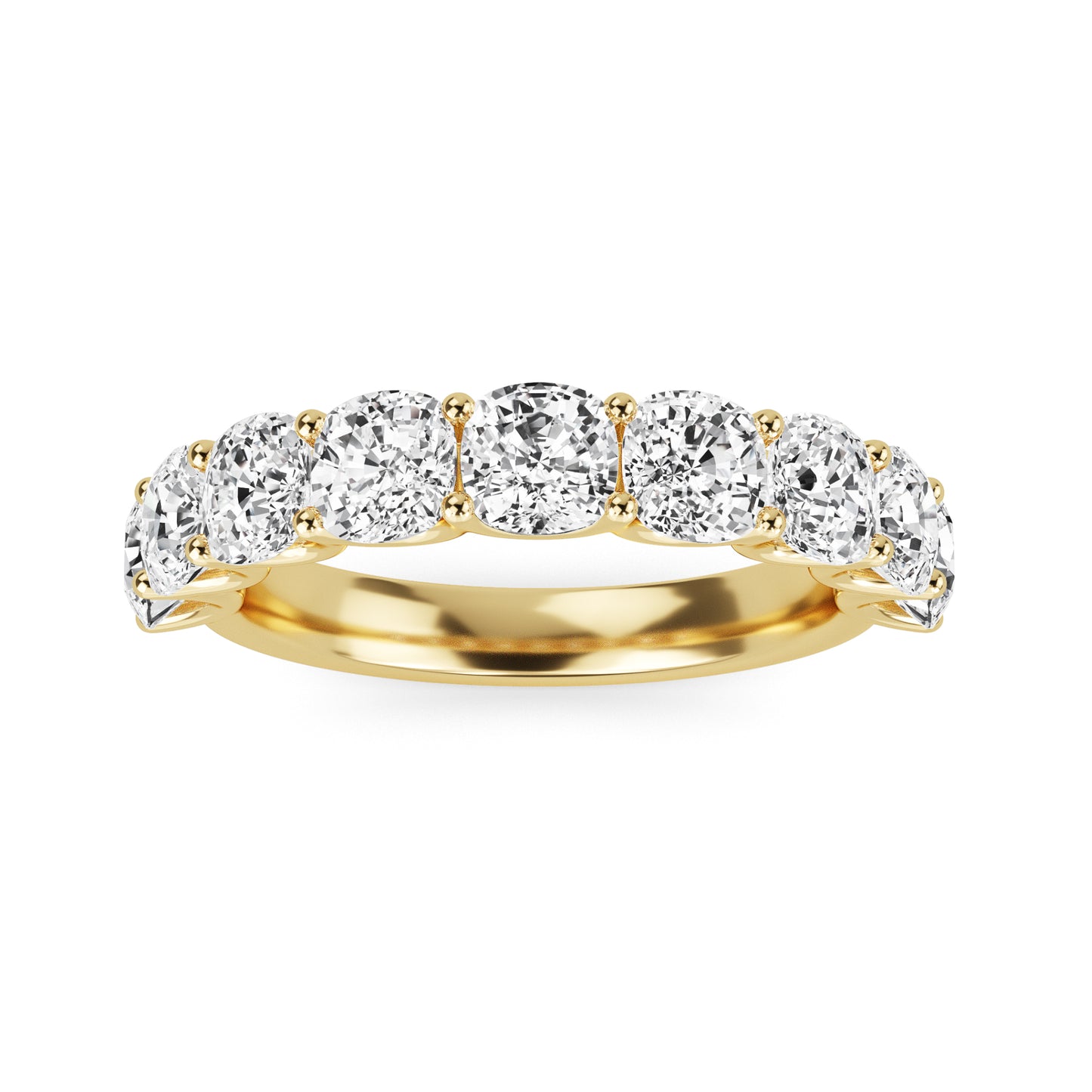 Noor Cushion cut lab grown diamond U Prong Eternity band Yellow Gold ring for women - elegant and sustainable jewelry by Wenoor