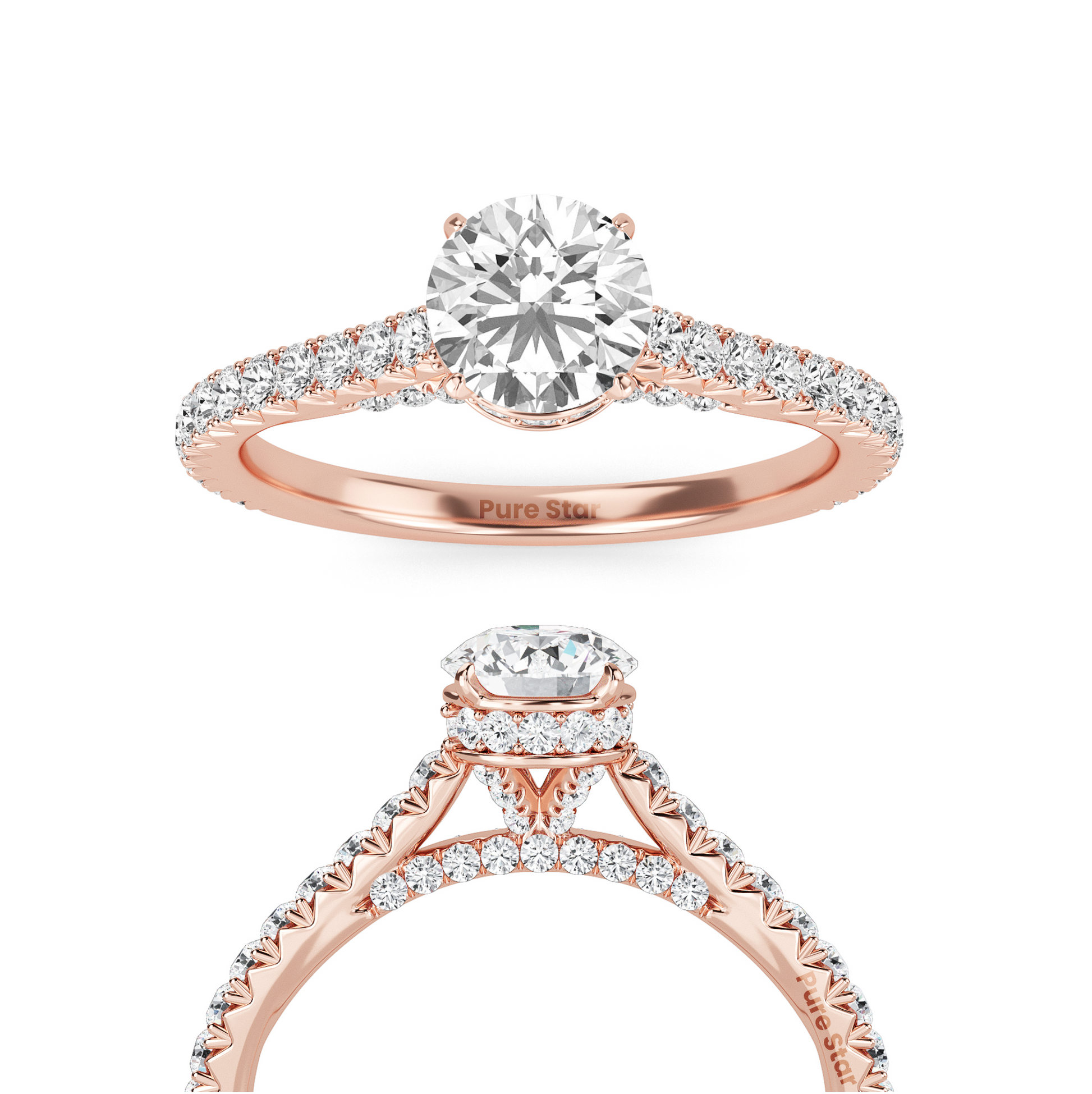Round Brilliant Cut Diamond Ring with Full Pavé Band and Hidden Halo Detail, Crafted in WeNooR's LightMax
