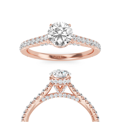 Round Brilliant Cut Diamond Ring with Full Pavé Band and Hidden Halo Detail, Crafted in WeNooR's LightMax