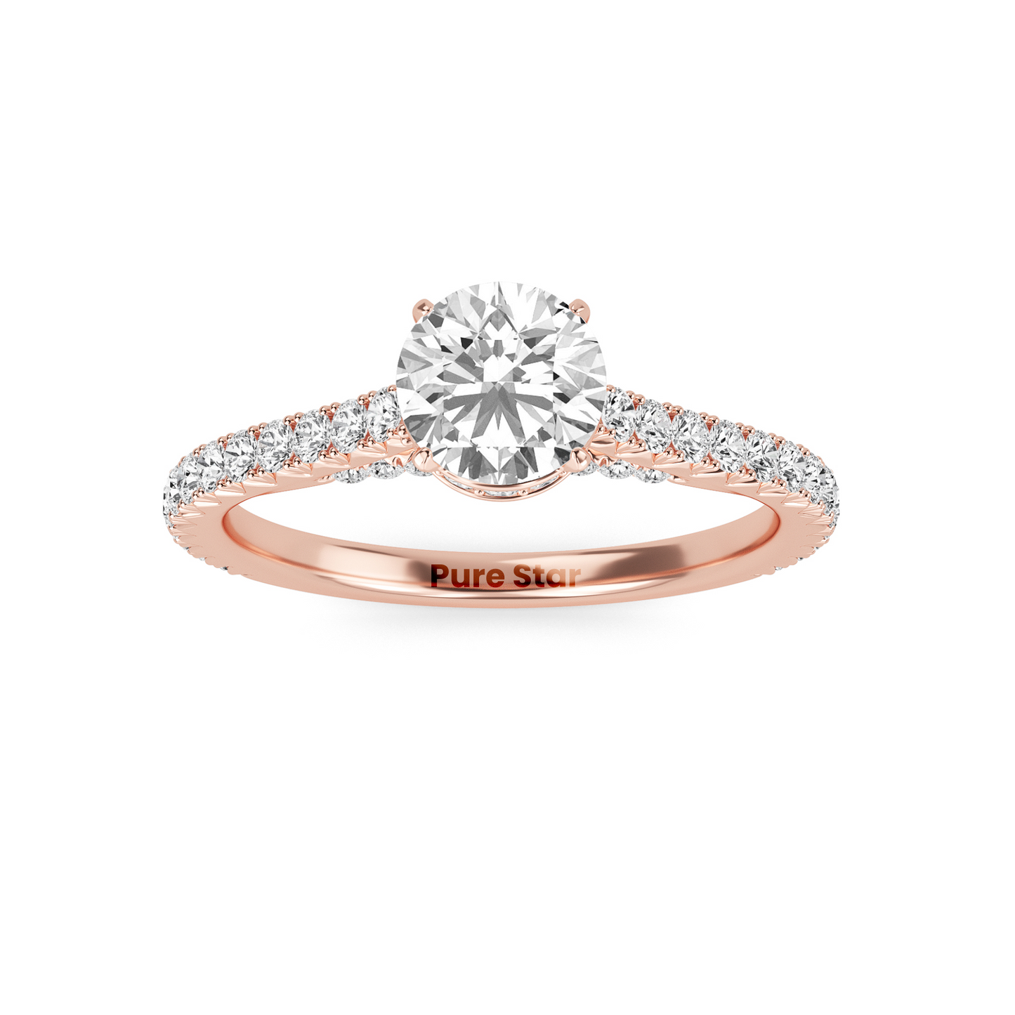 Round Brilliant Cut Diamond Ring with Full Pavé Band and Hidden Halo Detail, Crafted in WeNooR's LightMax