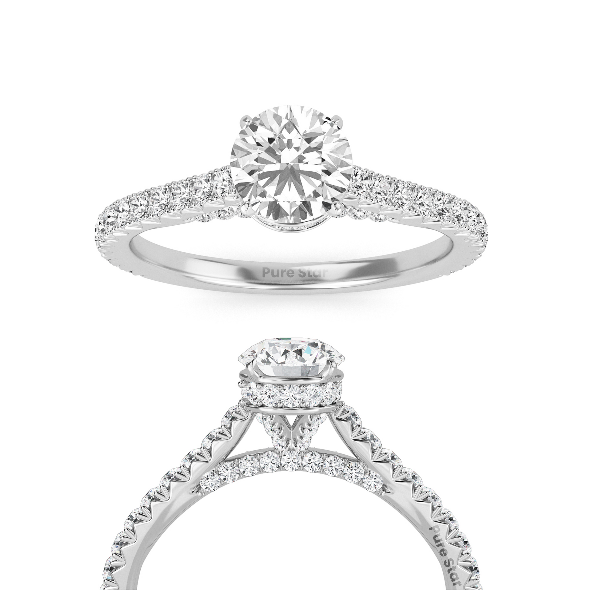 Round Brilliant Cut Diamond Ring with Full Pavé Band and Hidden Halo Detail, Crafted in WeNooR's LightMax