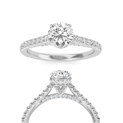 Round Brilliant Cut Diamond Ring with Full Pavé Band and Hidden Halo Detail, Crafted in WeNooR's LightMax