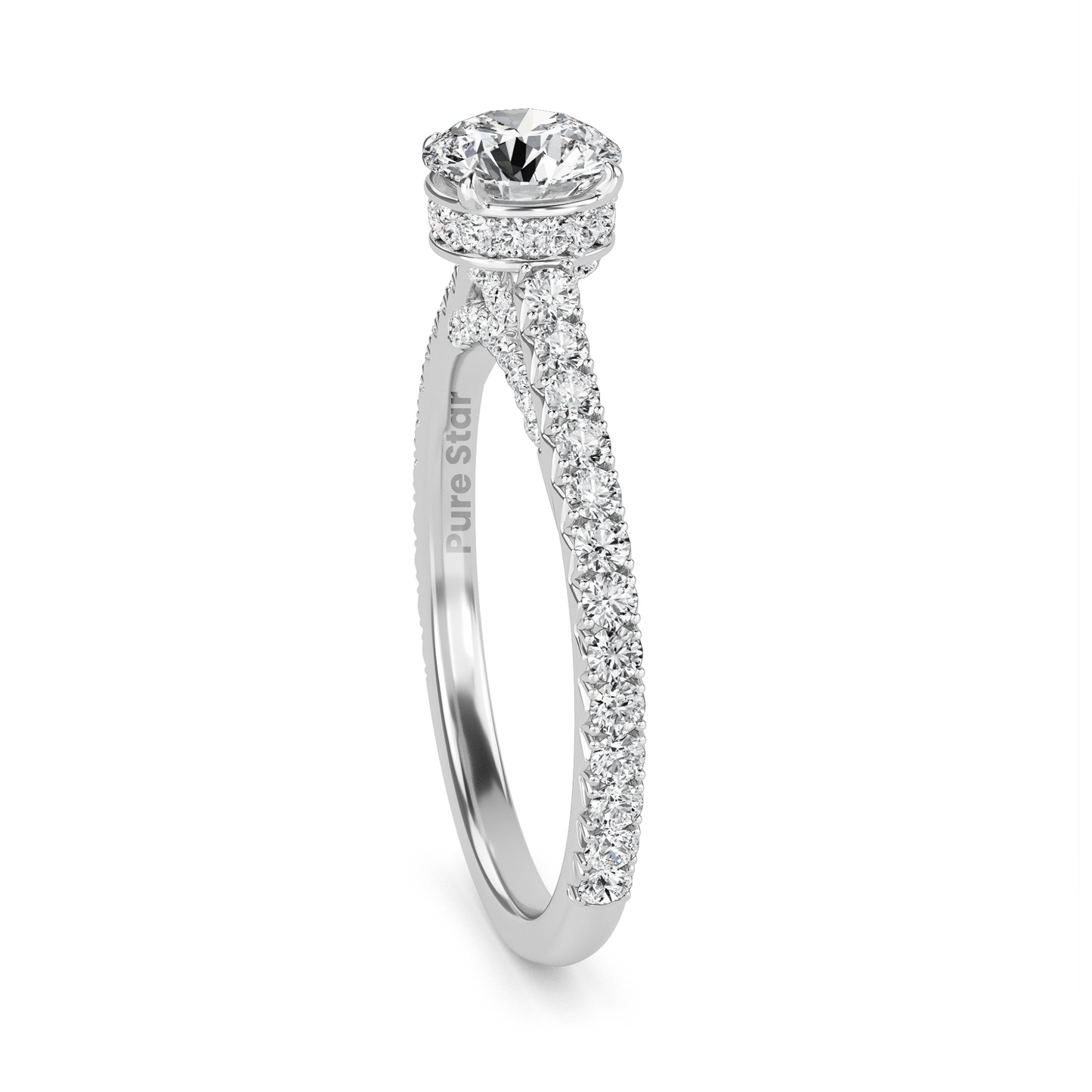 Round Brilliant Cut Diamond Ring with Full Pavé Band and Hidden Halo Detail, Crafted in WeNooR's LightMax