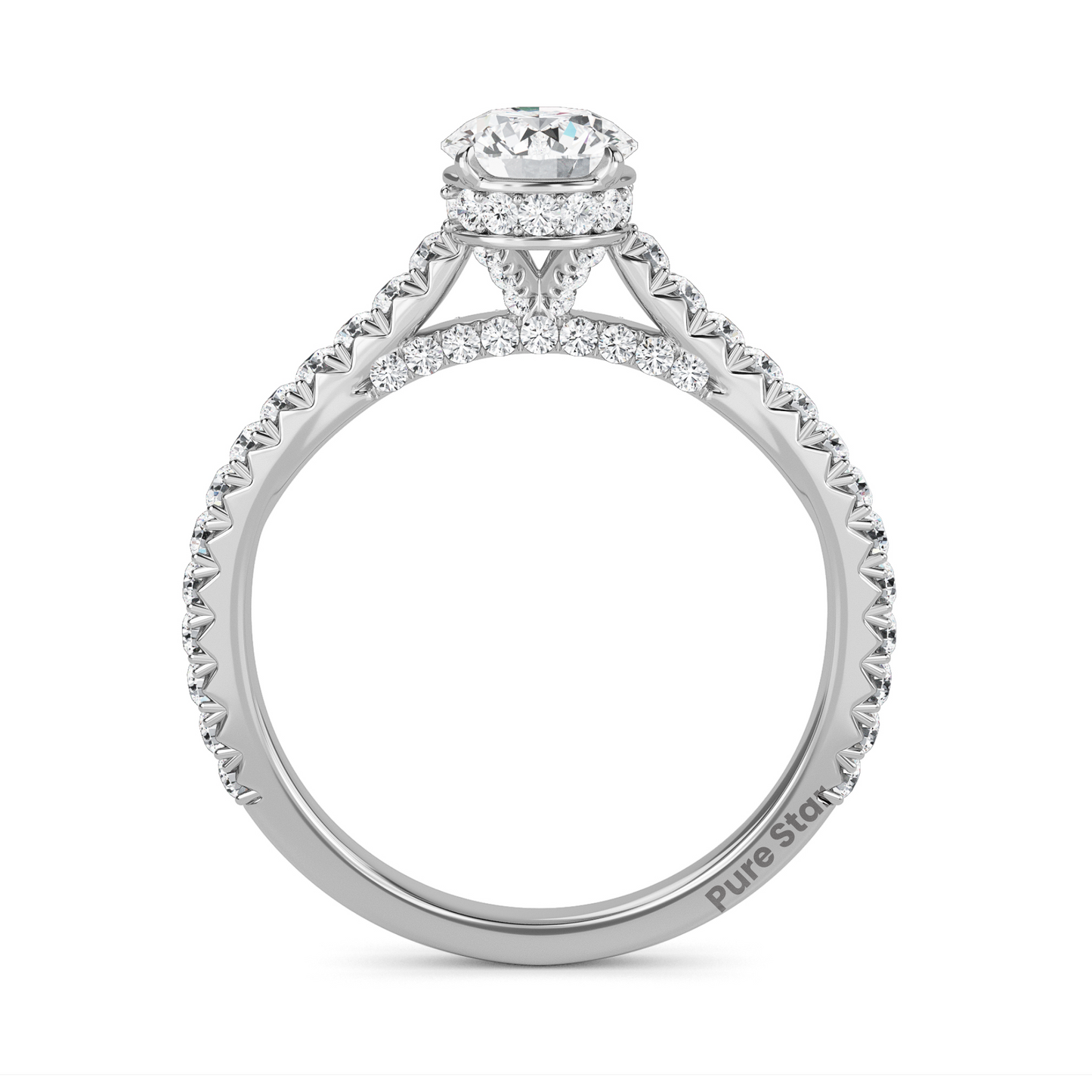Round Brilliant Cut Diamond Ring with Full Pavé Band and Hidden Halo Detail, Crafted in WeNooR's LightMax