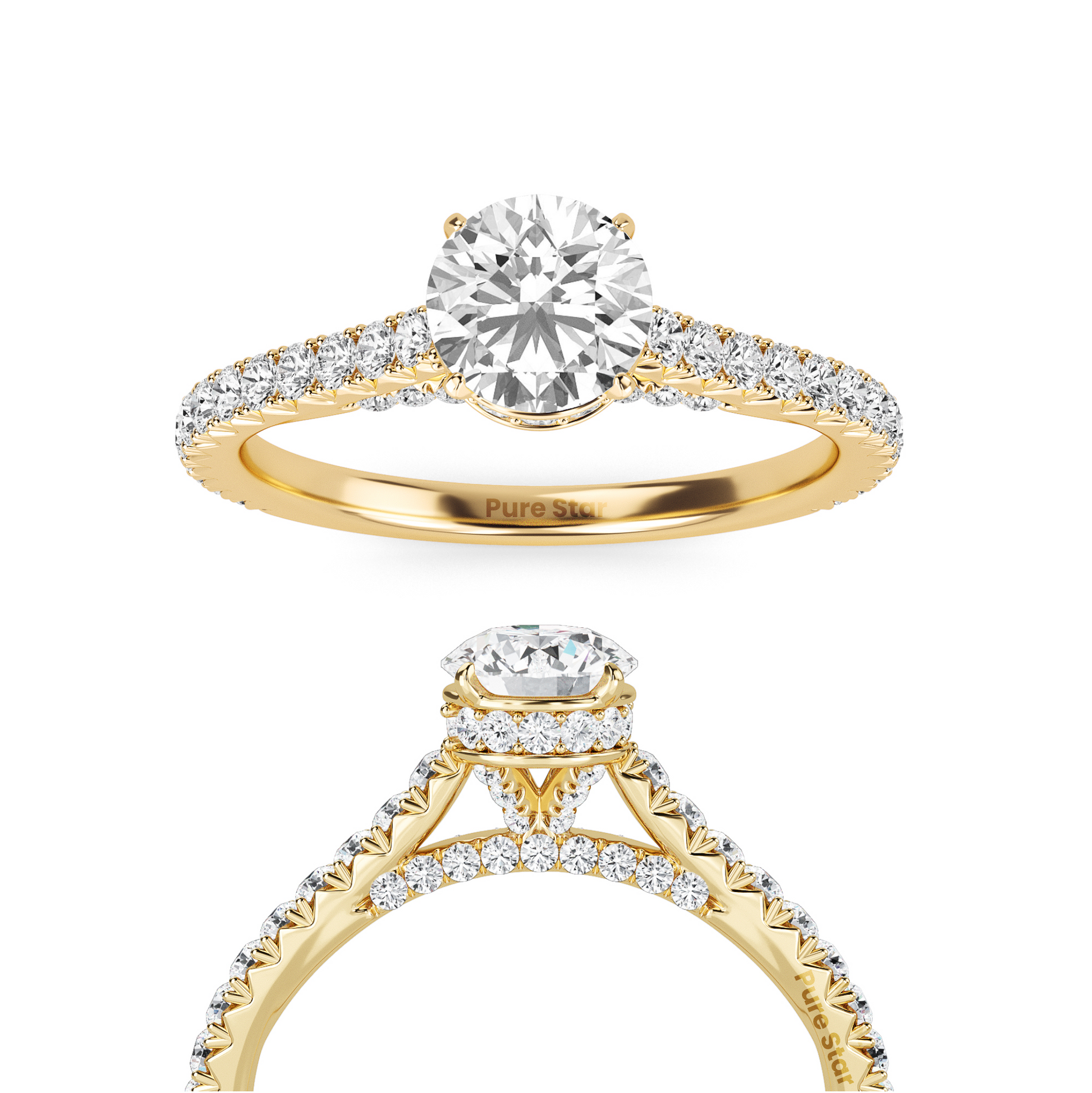 Round Brilliant Cut Diamond Ring with Full Pavé Band and Hidden Halo Detail, Crafted in WeNooR's LightMax