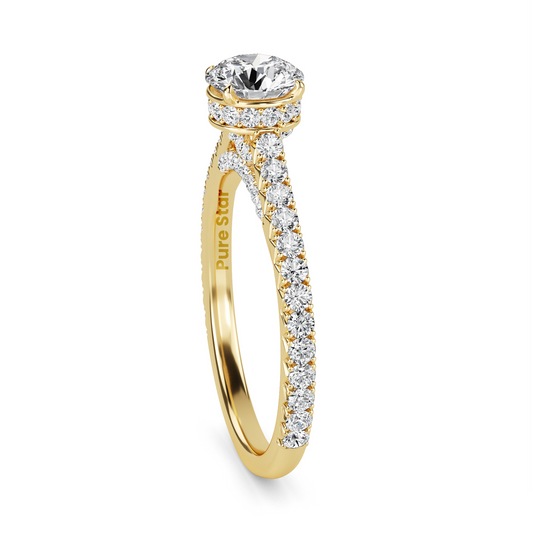 Round Brilliant Cut Diamond Ring with Full Pavé Band and Hidden Halo Detail, Crafted in WeNooR's LightMax