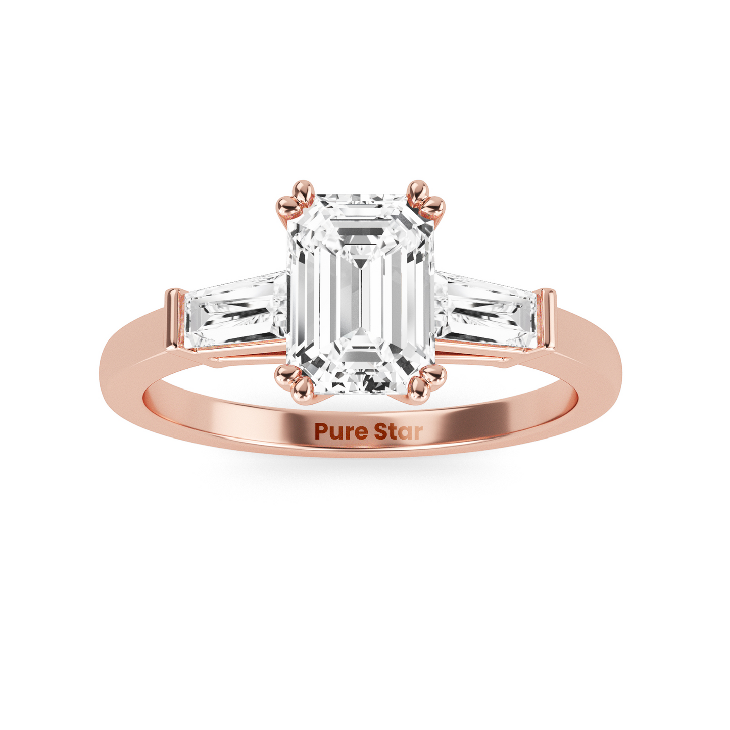 Art Deco inspired emerald and baguette lab diamond ring, three stone setting in recycled conflict free vintage engagement ring