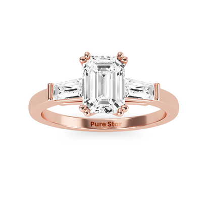 Art Deco inspired emerald and baguette lab diamond ring, three stone setting in recycled conflict free vintage engagement ring