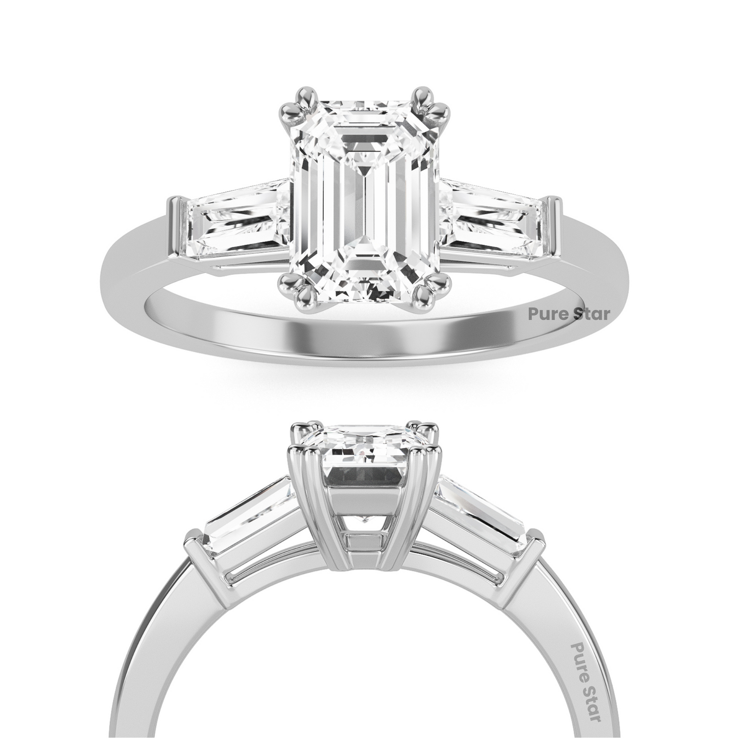 Art Deco inspired emerald and baguette lab diamond ring, three stone setting in recycled conflict free vintage engagement ring