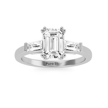 Art Deco inspired emerald and baguette lab diamond ring, three stone setting in recycled conflict free vintage engagement ring