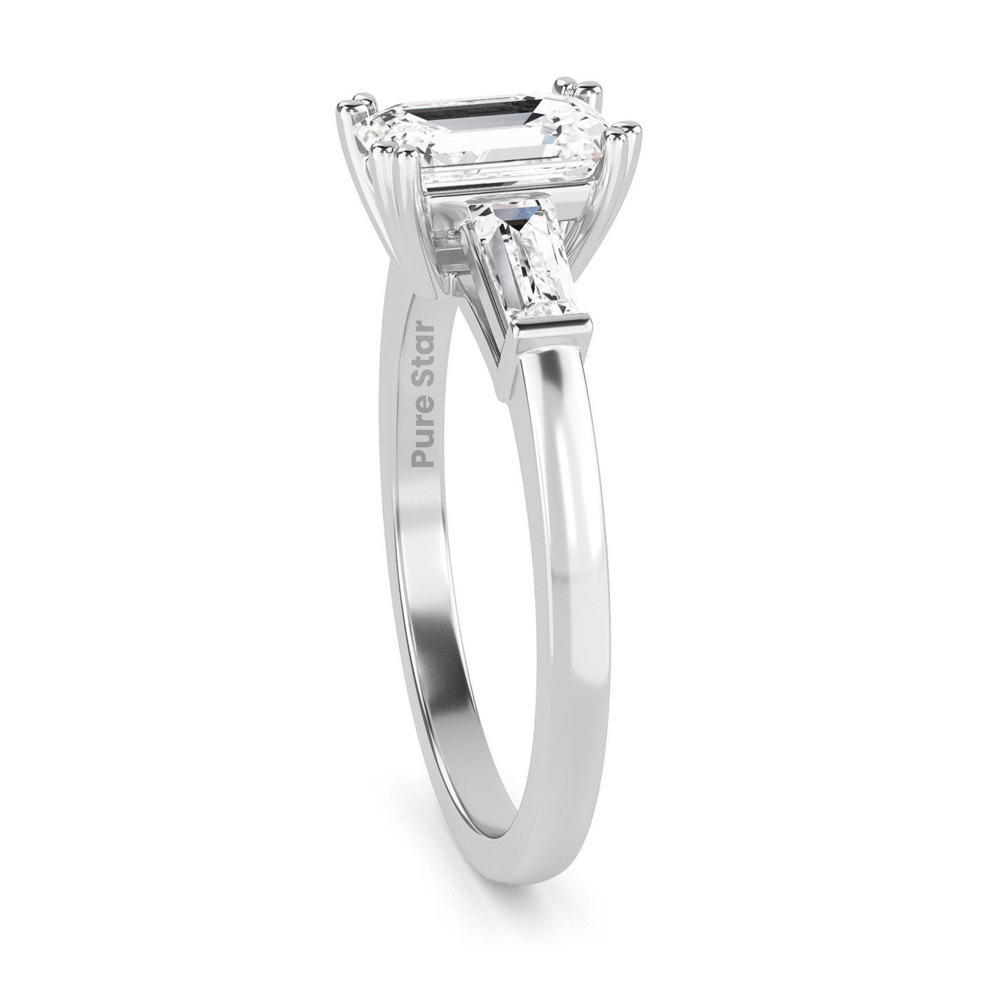 Art Deco inspired emerald and baguette lab diamond ring, three stone setting in recycled conflict free vintage engagement ring