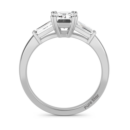 Art Deco inspired emerald and baguette lab diamond ring, three stone setting in recycled conflict free vintage engagement ring