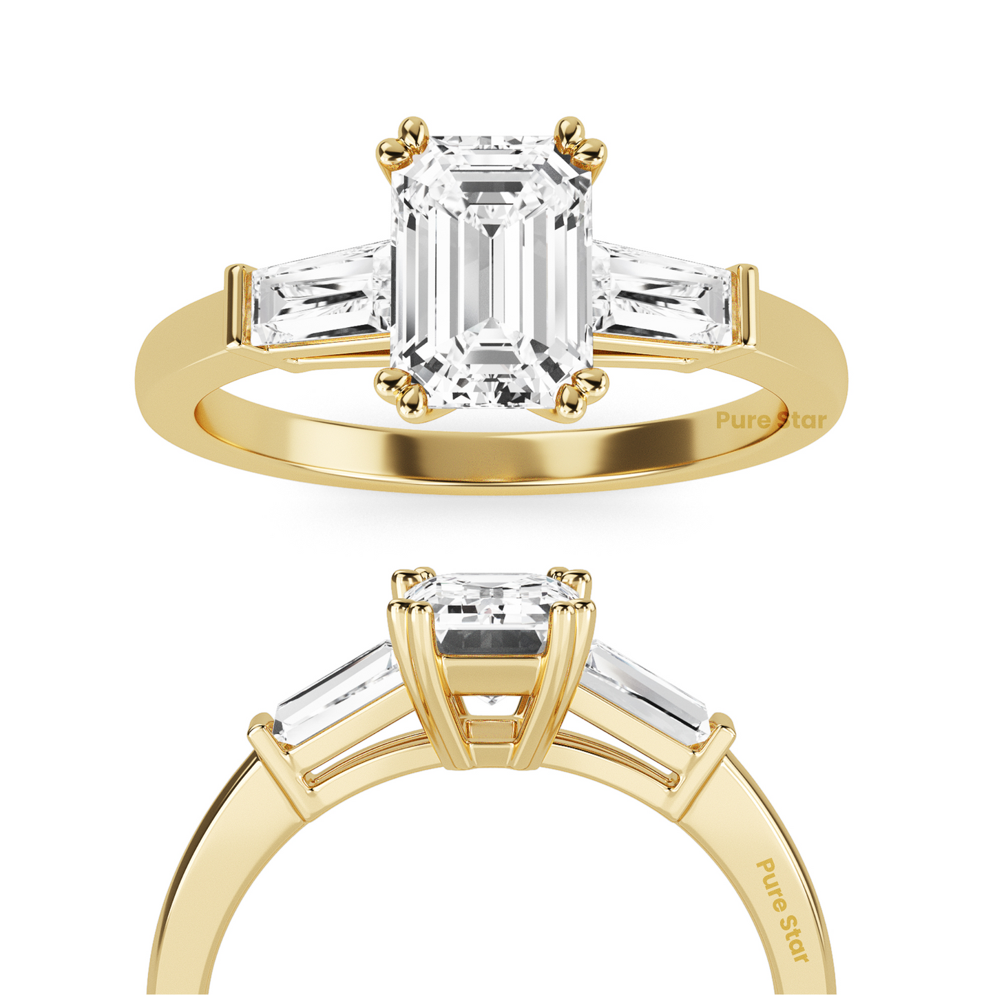 Art Deco inspired emerald and baguette lab diamond ring, three stone setting in recycled conflict free vintage engagement ring