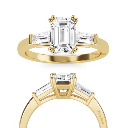 Art Deco inspired emerald and baguette lab diamond ring, three stone setting in recycled conflict free vintage engagement ring