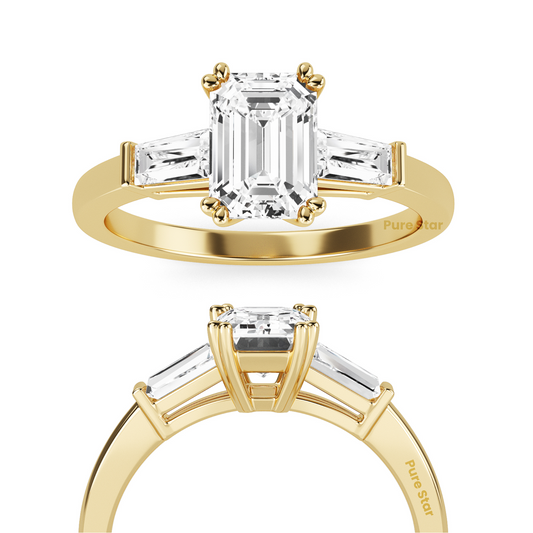 Art Deco inspired emerald and baguette lab diamond ring, three stone setting in recycled conflict free vintage engagement ring
