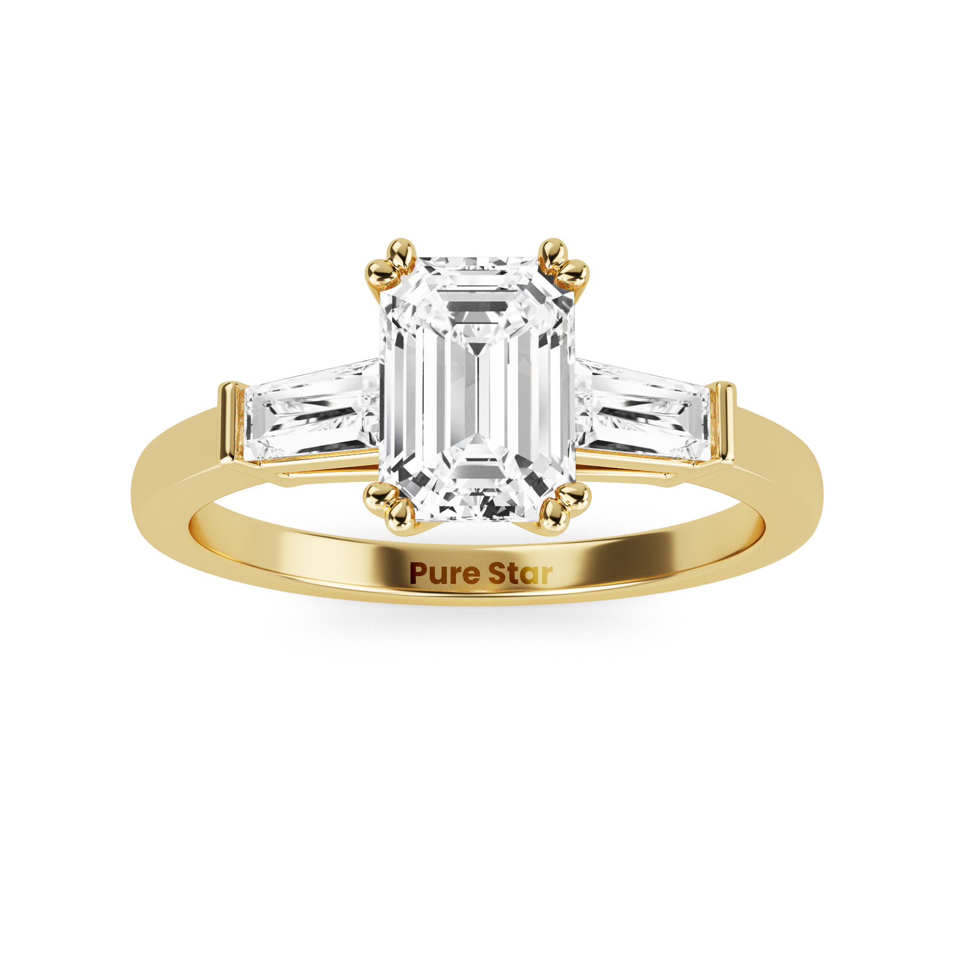 Art Deco inspired emerald and baguette lab diamond ring, three stone setting in recycled conflict free vintage engagement ring